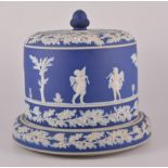 Jasperware style blue and white stilton cheese dome and base, 26cm high.