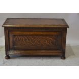 Reproduction oak blanket box, W93cm x D42cm x H52cm.