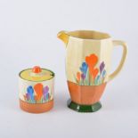 Clarice Cliff, 'Crocus' an Athens jug and preserve pot, circa 1930,