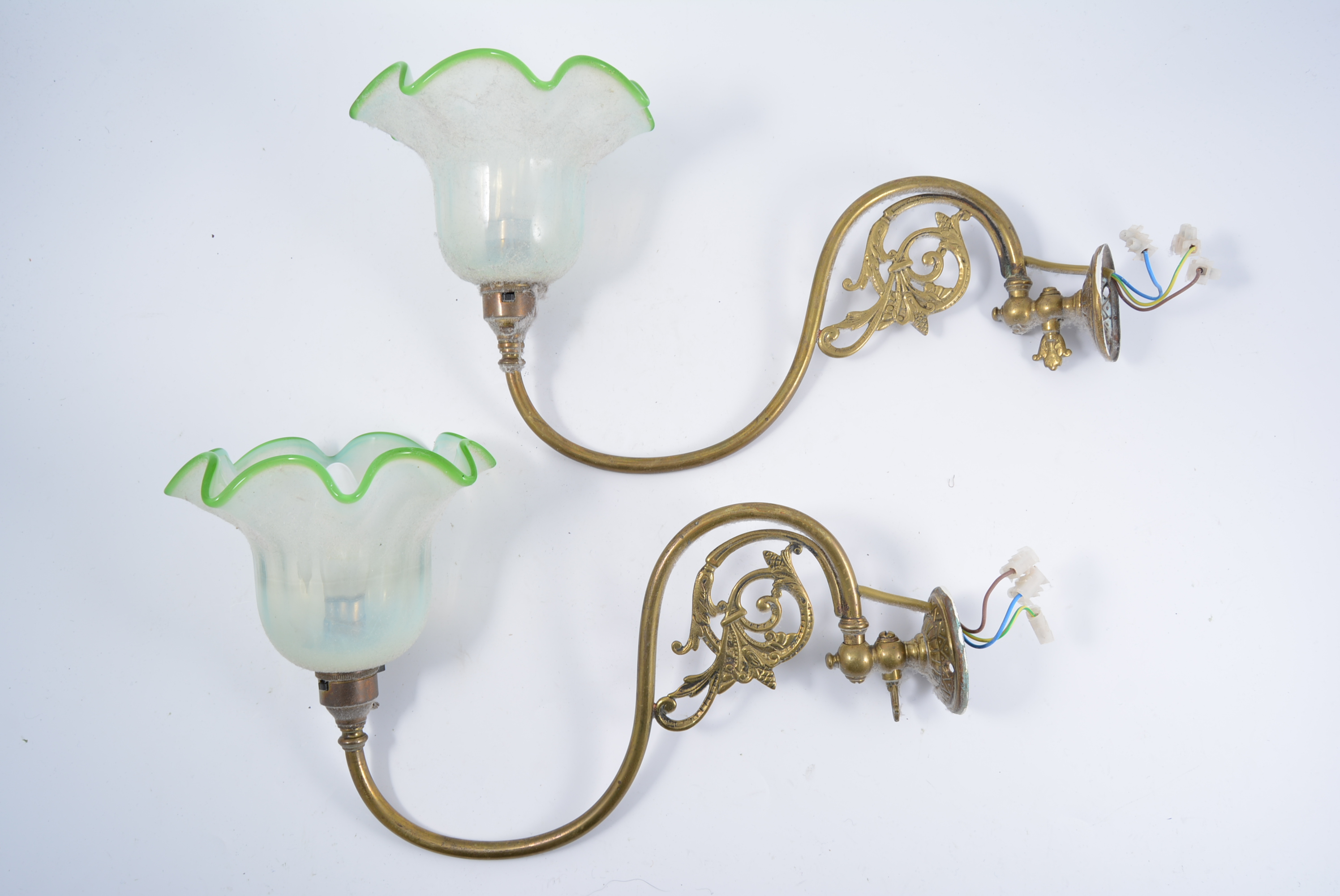 Pair of Victorian style brass wall lights, scrolled design, opalescent shades, depth 37cm.