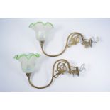 Pair of Victorian style brass wall lights, scrolled design, opalescent shades, depth 37cm.