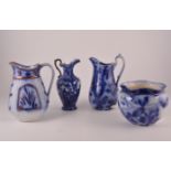 Small of collection of Flo Blue ware, including four jugs, two oval dishes, and a jardiniere.