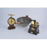 Victorian worktop coffee grinder, and a pair of balance scales, and a corn scoop.