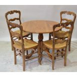 Fruitwood circular kitchen table and four ladder-back chairs, table 89cm diameter, 69cm high (5).