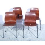 Set of twelve dining room chairs by Pagholz, shaped wood seats raised on chrome supports,