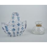 Heavy facet cut-glass inkwell, diameter 12cm; cut-glass and tinted basket and other glassware.