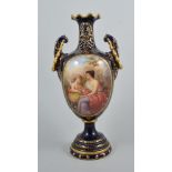 Viennese porcelain vase, wavy collar, (chipped), reticulated neck, twin handles, oval painted panel,