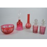 Cranberry glass table bell, 24cm; and a collection of cut-glass ware.