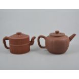 Yixing red ware teapot, bamboo moulded seal mark, 11cm and another red ware teapot,