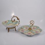 French porcelain shell-shape dish, gilt border floral panels, gilt brass frame,