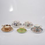 Collection of cups and saucers, to include Copeland duo with raised decoration, c1907,