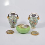 Pair of Derby Crown porcelain vases, ovoid form, twin-handled, floral pattern, height 15cm, damage,