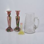 Pair of splash glass slender candle holders, posy vase, and waterjug.