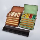 Plastic and ivorine and bone mahjong set, with stained wooden trays,