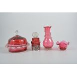 Ruby glass toilet water bottle in pierced silver stand, large ruby glass powder bowl and cover,