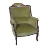 Stained beechwood and inlaid salon chair, upholstered in celadon green dralon, hoop-back,