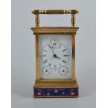 Cloisonne and brass carriage clock, calendar dial, 18cm.
