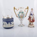 Biscuit barrel, pair of vases, urn, glassware.