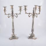 Pair of plated three-light candelabras, height 49cm.