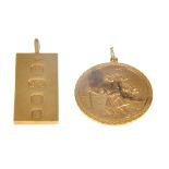 A 9 carat yellow gold ingot and St Christopher, the ingot hallmarked Birmingham 1977, 38mm x 18mm,