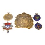 Various enamel badges, London Fire Brigade, football, athletics, large yellow metal badge.