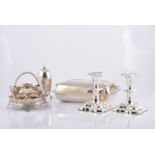 A silver-plated entree dish, egg cruet, pair of squat candlesticks, tea strainer and stand etc.