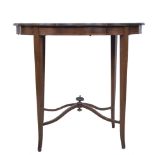 Edwardian inlaid mahogany window table, oval top with serpentine outlines and satinwood banding,