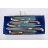 H G Long & Co, Sheffield, 'Cross Daggers' five piece carving set, horn handles,