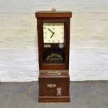 National Time Recorder Co. Ltd clocking-in clock, stained wood case, square dial, 99cm.