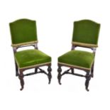 Set of six Victorian mahogany chairs, by Shoolbred & co, stamped B1416, green seats and backs,