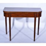 George III mahogany D-shape foldover card table, banded outlines, baize lined interior,