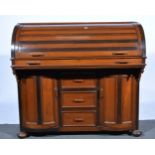 Indian stained wood cylinder front bureau, part retractable interior with compartments,