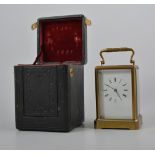 Brass cased carriage clock, 19th Century, the case with moulded edges, rectangular enamel dial,