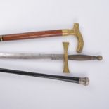 Silver top ebonised cane, 80cm; canes, walking sticks and a ceremonial sword.