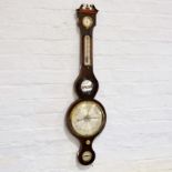 Victorian mahogany five-dial barometer, swan-neck pediment, silvered dials,