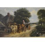 Victorian School, 19th Century, wood cart and figures by a cottage, oil on relined canvas,