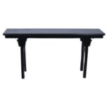 Chinese ebonised altar table, shaped spandrels, moulded legs, length 152cm, depth 36cm, height 75cm.