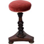 Victorian rosewood mahogany adjustable piano stool, circular seat, triangular platform,