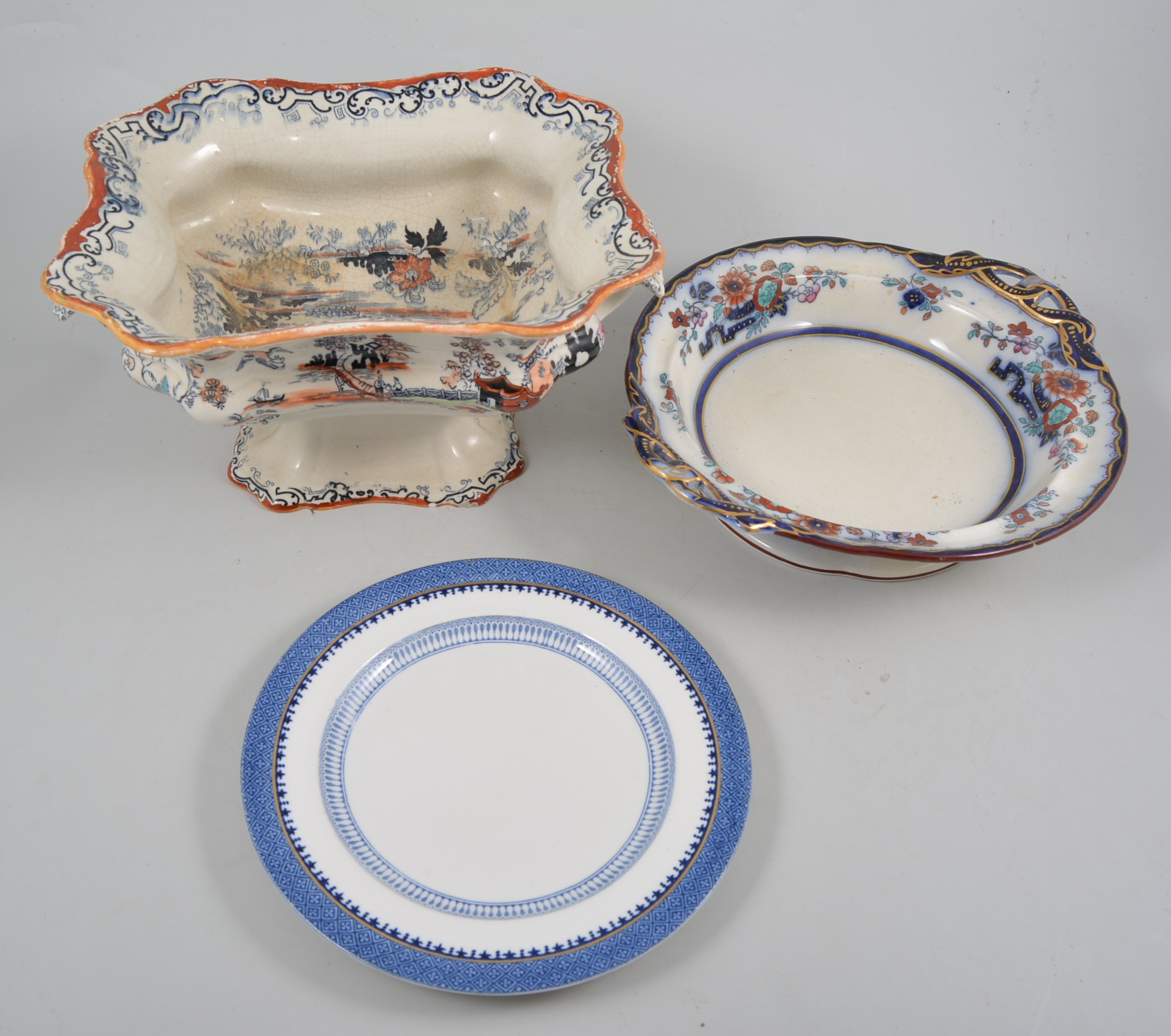 Booths Lowestoft border pattern tableware, together with an ironstone plate, tureen and dish.