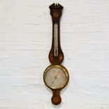 Late Georgian inlaid mahogany banjo barometer, silvered dial, thermometer above, signed F.