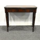 George III mahogany tea table, rounded corners, fold-over top, plain frieze, turned and ringed legs,