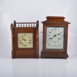 Continental walnut shelf clock, with a John Ball alarm, height 36cm; and another oak shelf clock.