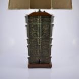 Chinese cast metal archaeic style vessel, tapering rectangular form, mounted as a lamp, with shade,