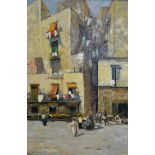 Pizani, A European town square with market stalls, oil on canvas, laid on board, signed,