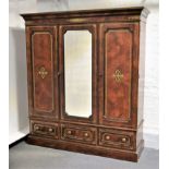 Victorian simulated yew wood triple wardrobe, with transfer decoration,