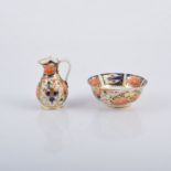 Derby porcelain miniature jug and bowl, 19th Century, old Imari pattern, the bowl 9cm.