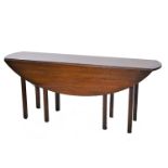 Reproduction mahogany wake table, oval top, two leaves, moulded legs, L185cm, W112cm, H74cm.