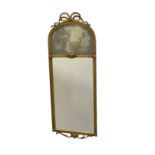 Gilt framed hall mirror with arched ribbon top, inset with a 19th Century print, H103cm by W39.5cm.
