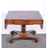 Victorian rosewood sofa table, rectangular top with rounded corners, two short end leaves,