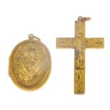 A yellow metal locket and cross, the oval locket 30mm x 25mm,